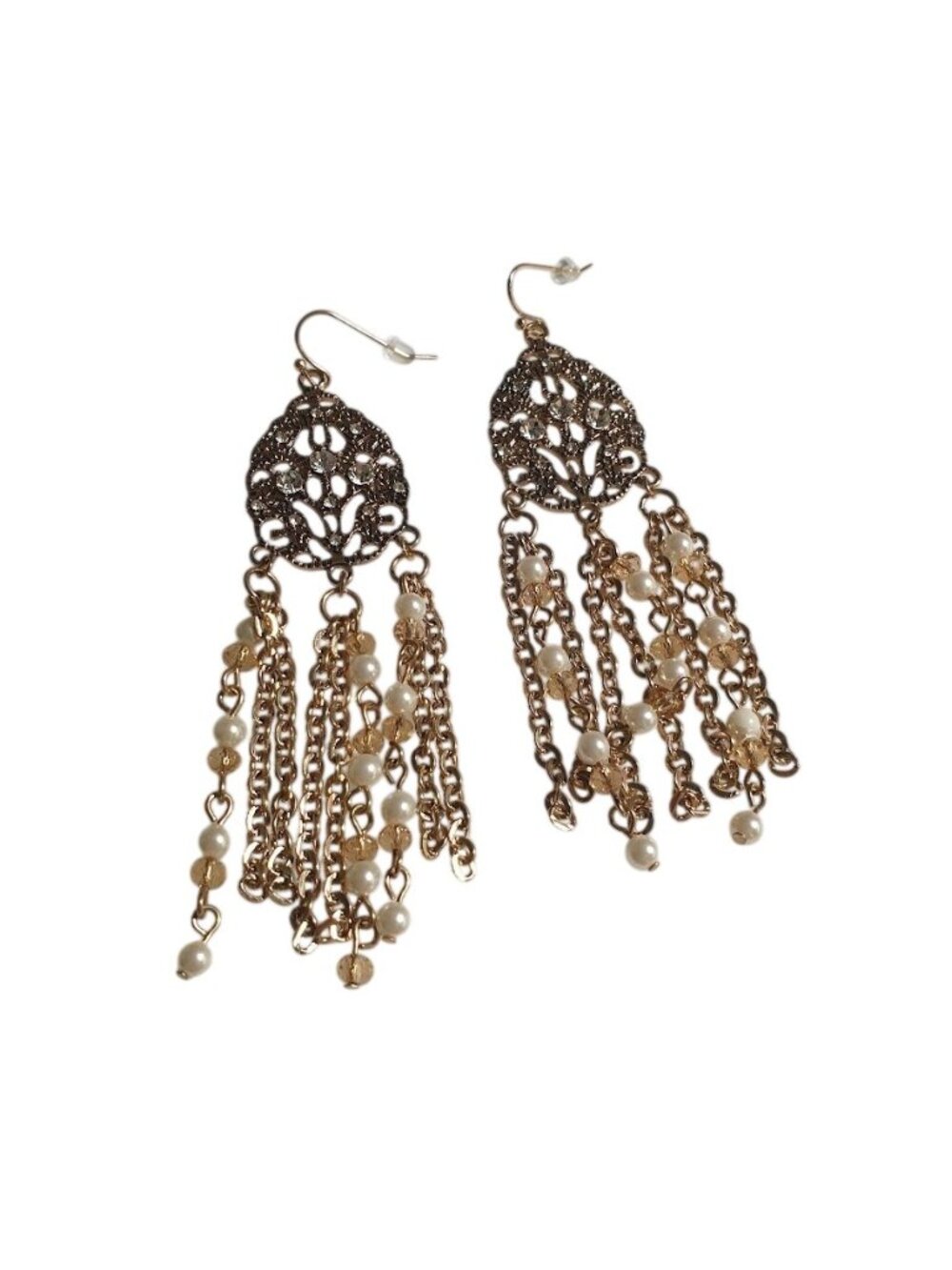 Filigree Metal Bead Chain 4 Dangle Earrings Gold Pearl Lightweight Vintage Style
